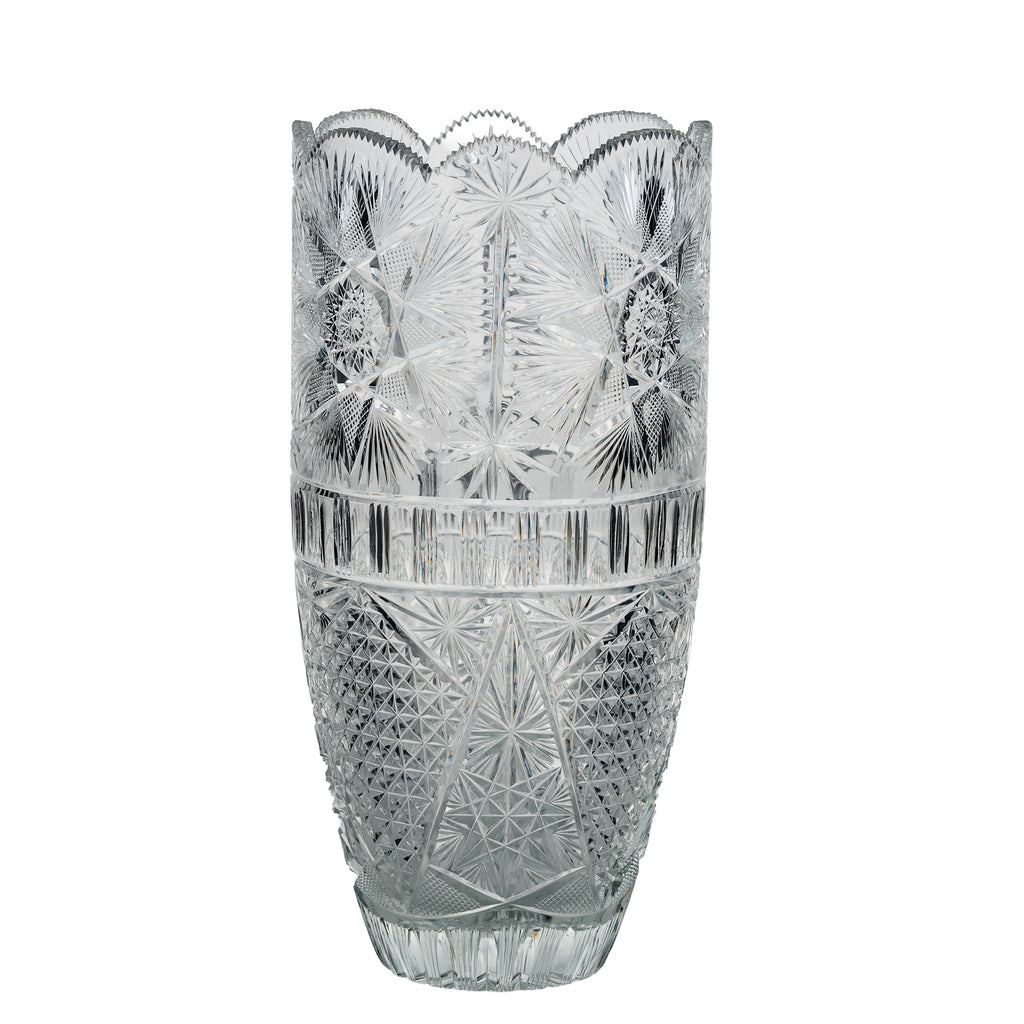 Large Sawtooth Rim Cut Crystal Vase - Starburst & Diamond Cuts