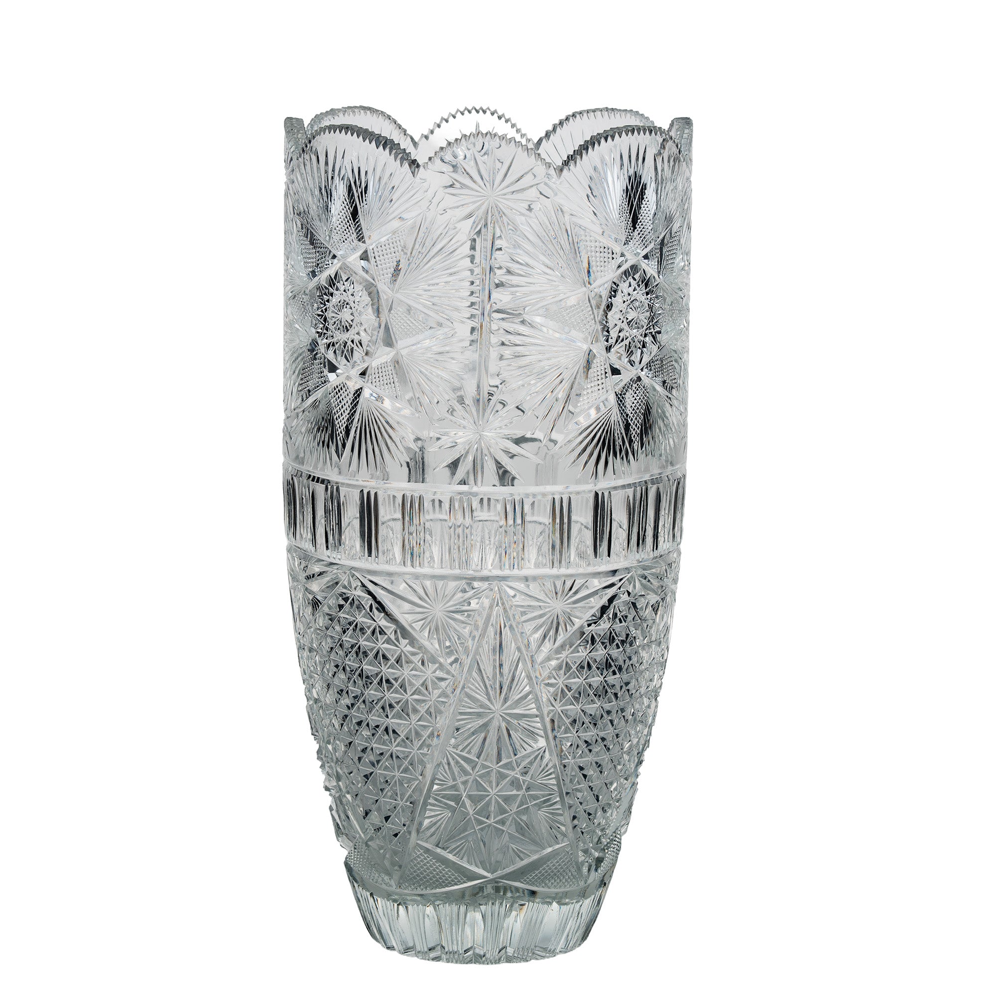 Large Sawtooth Rim Cut Crystal Vase - Starburst & Diamond Cuts