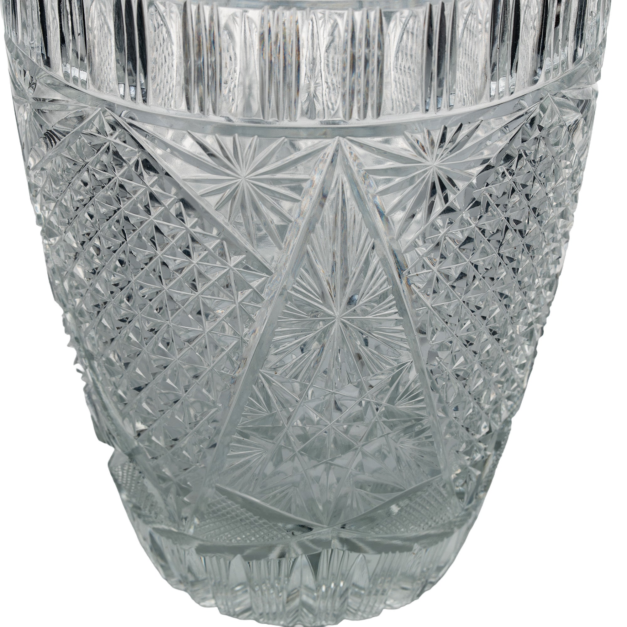 Large Sawtooth Rim Cut Crystal Vase - Starburst & Diamond Cuts