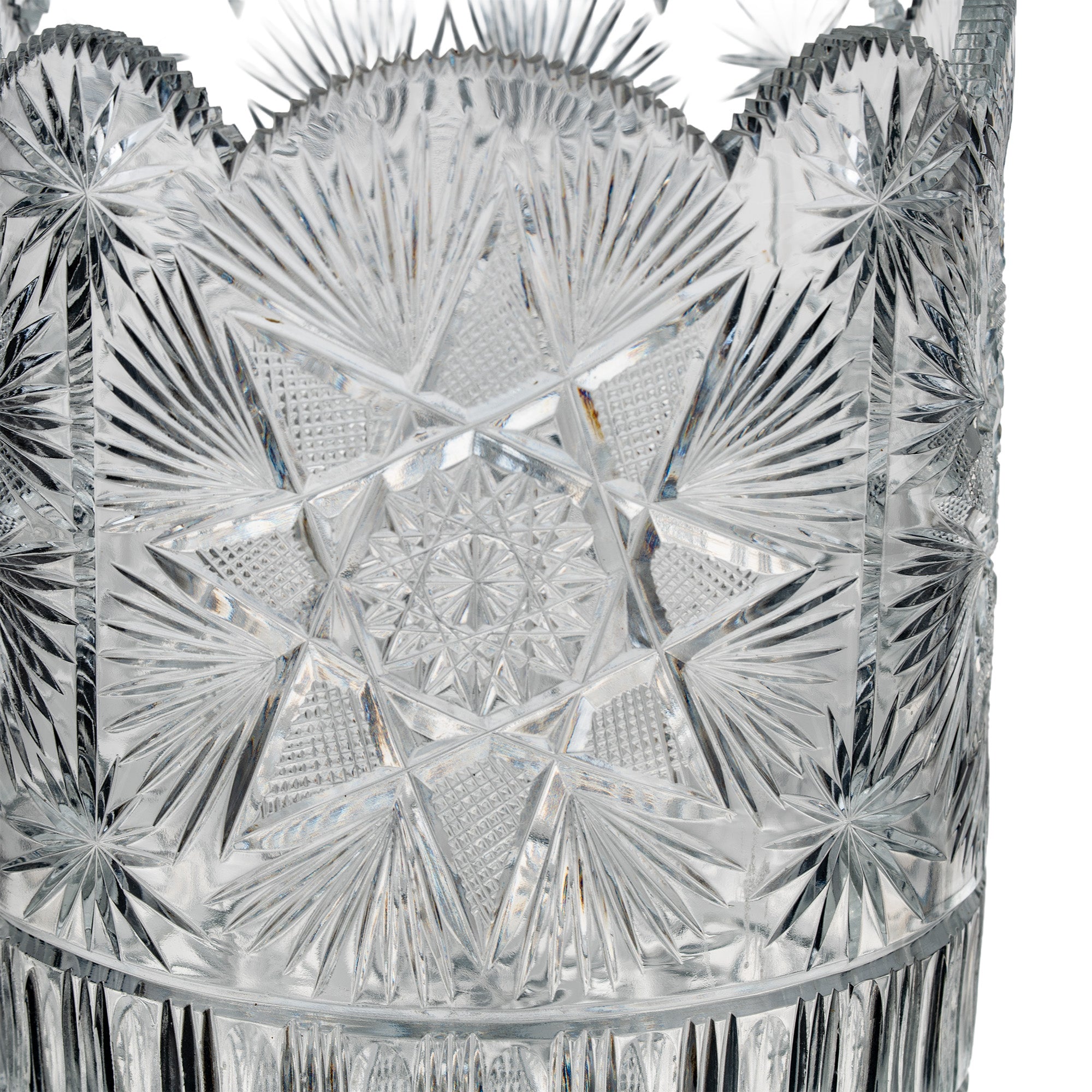 Large Sawtooth Rim Cut Crystal Vase - Starburst & Diamond Cuts
