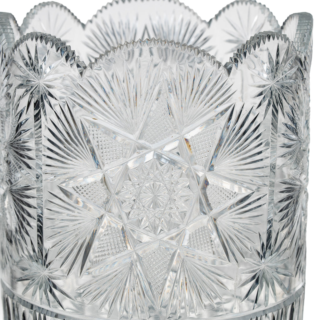 Large Sawtooth Rim Cut Crystal Vase - Starburst & Diamond Cuts