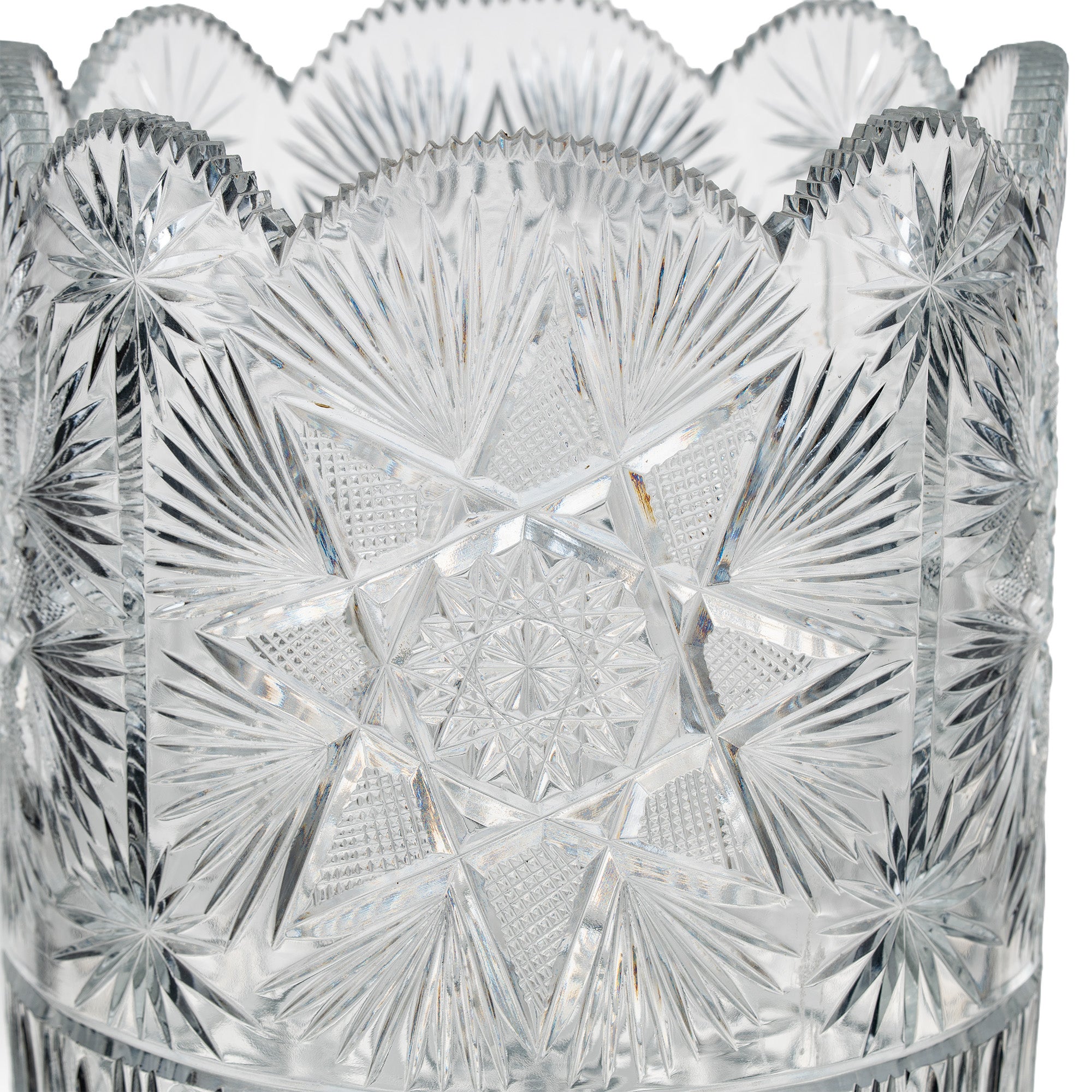 Large Sawtooth Rim Cut Crystal Vase - Starburst & Diamond Cuts