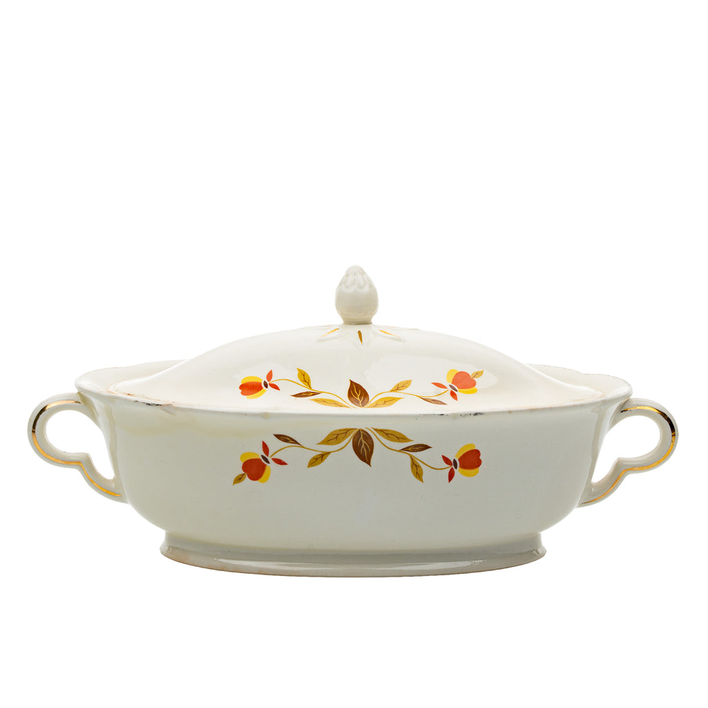 Hall China Autumn Leaf Ruffled D Covered Vegetable Bowl - Gold Trim