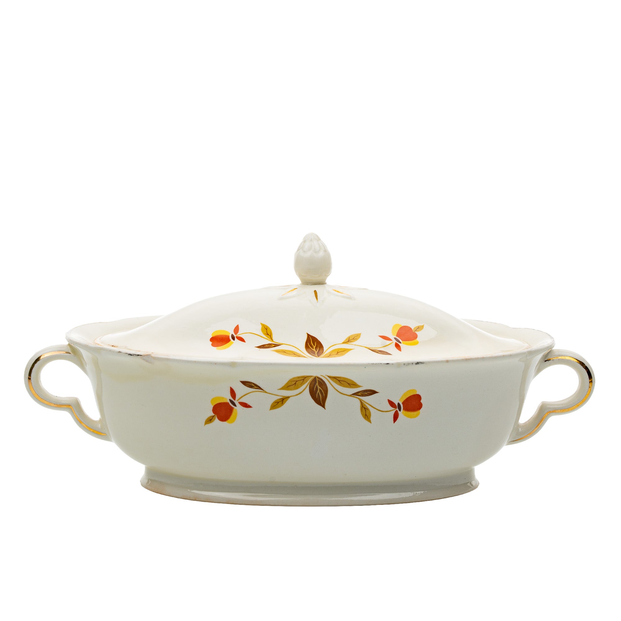 Hall China Autumn Leaf Ruffled D Covered Vegetable Bowl - Gold Trim