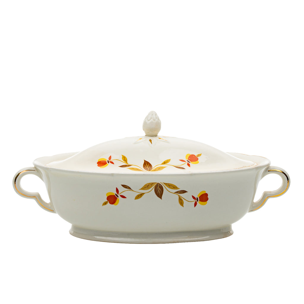 Hall China Autumn Leaf Ruffled D Covered Vegetable Bowl - Gold Trim