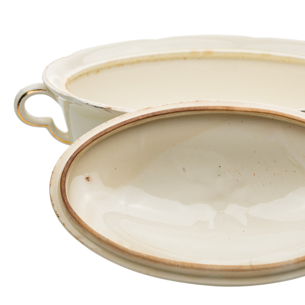 Hall China Autumn Leaf Ruffled D Covered Vegetable Bowl - Gold Trim