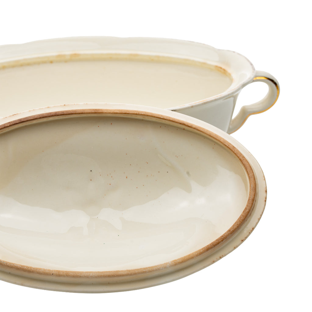 Hall China Autumn Leaf Ruffled D Covered Vegetable Bowl - Gold Trim