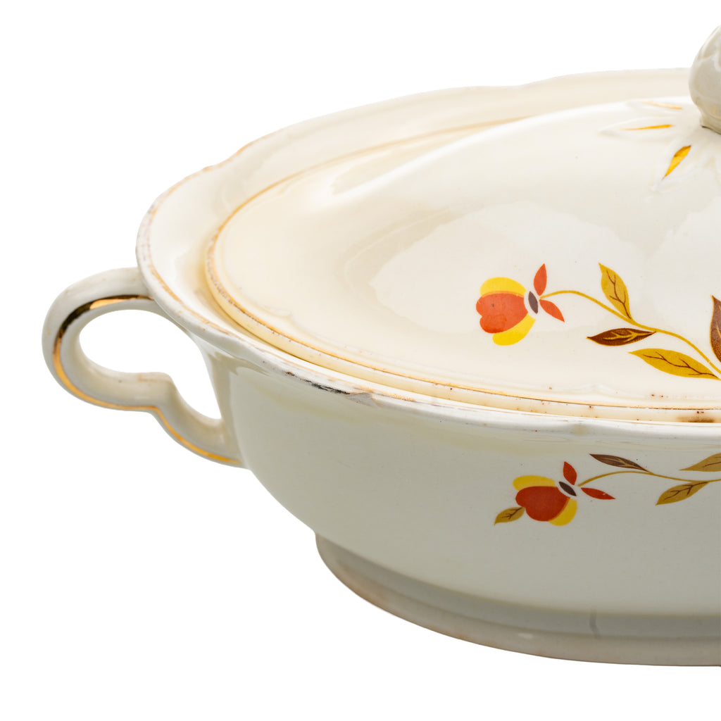 Hall China Autumn Leaf Ruffled D Covered Vegetable Bowl - Gold Trim