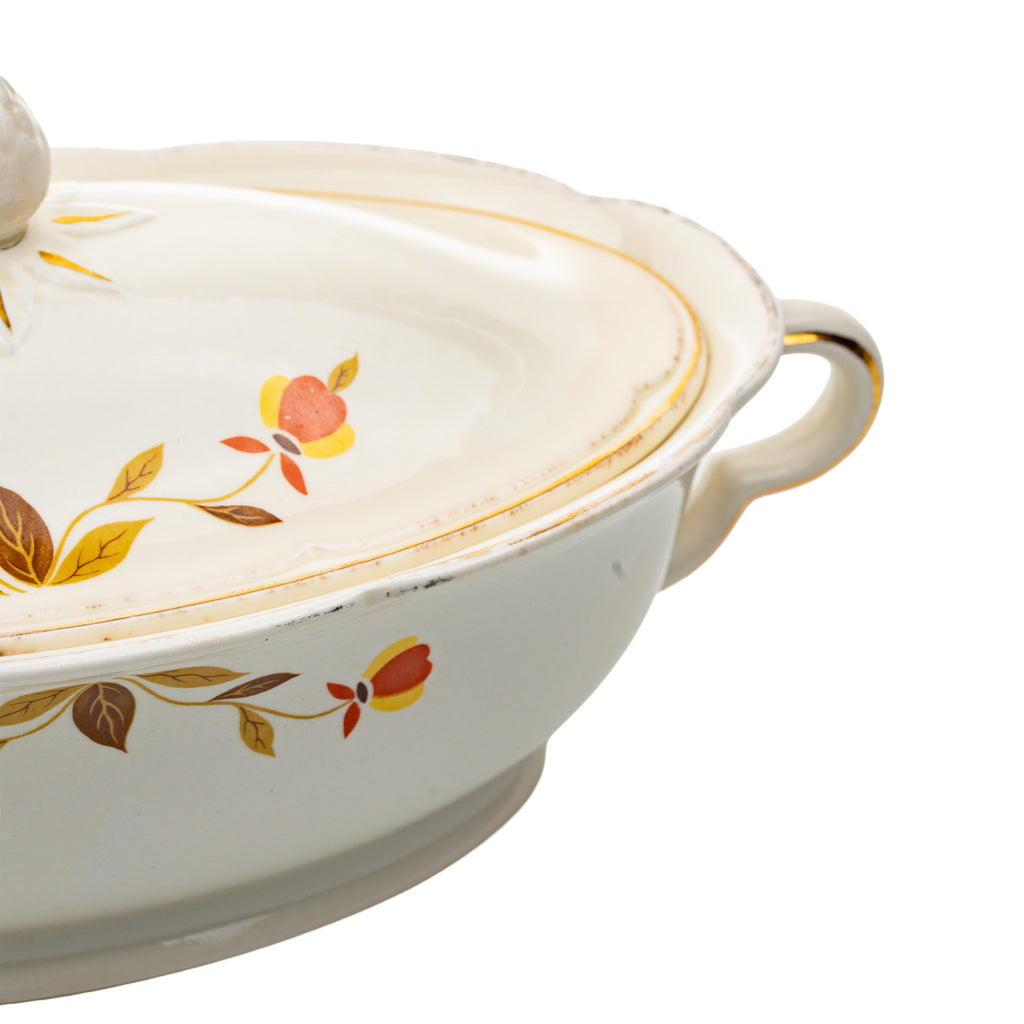 Hall China Autumn Leaf Ruffled D Covered Vegetable Bowl - Gold Trim