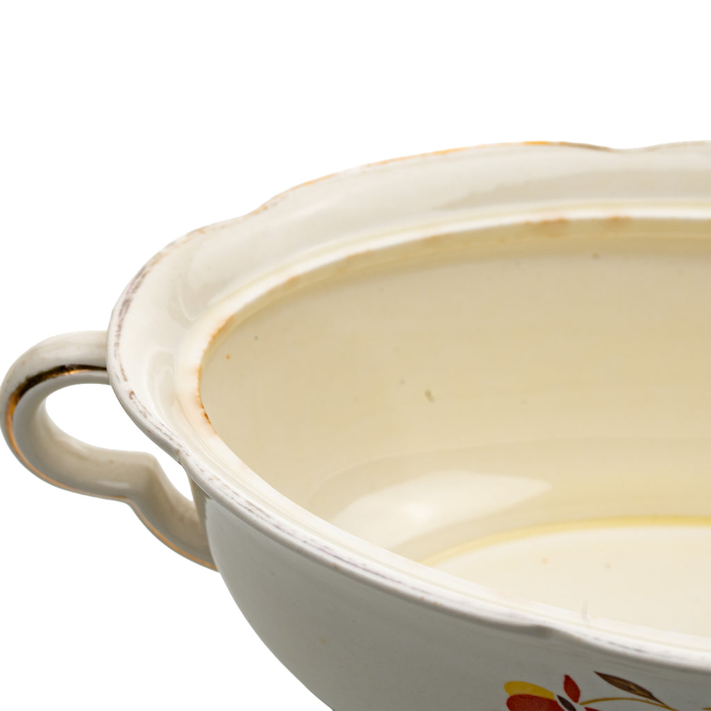 Hall China Autumn Leaf Ruffled D Covered Vegetable Bowl - Gold Trim