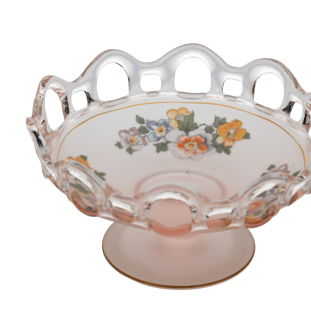 Lancaster Glass Open Work Pink Satin Pedestal Bowl - Scalloped Loop Rim