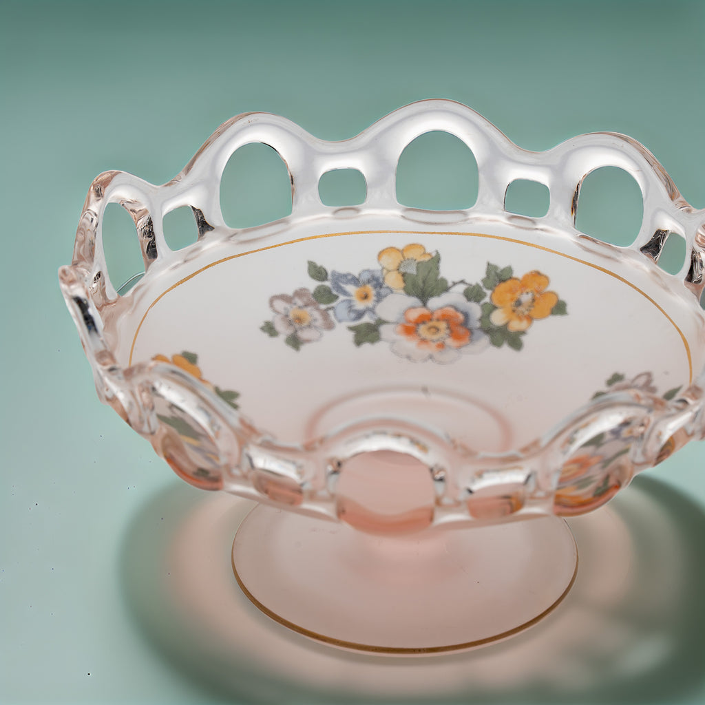 Lancaster Glass Open Work Pink Satin Pedestal Bowl - Scalloped Loop Rim