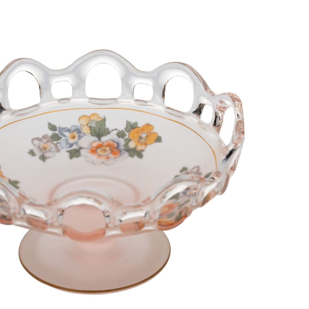 Lancaster Glass Open Work Pink Satin Pedestal Bowl - Scalloped Loop Rim