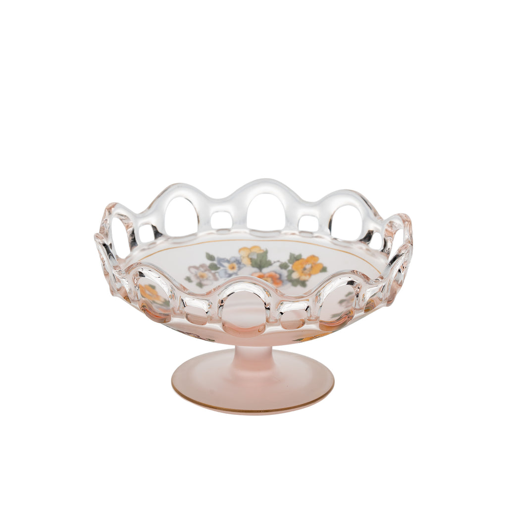 Lancaster Glass Open Work Pink Satin Pedestal Bowl - Scalloped Loop Rim