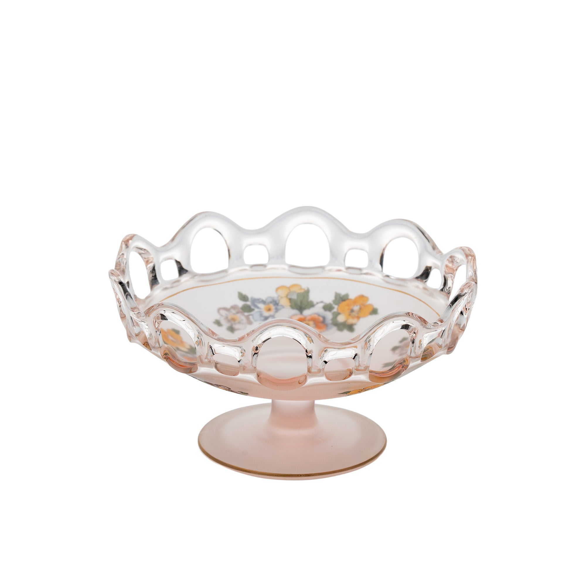 Lancaster Glass Open Work Pink Satin Pedestal Bowl - Scalloped Loop Rim