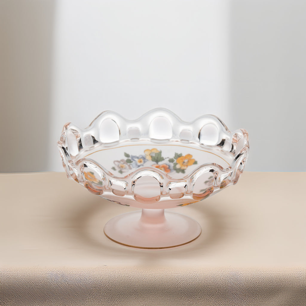 Lancaster Glass Open Work Pink Satin Pedestal Bowl - Scalloped Loop Rim