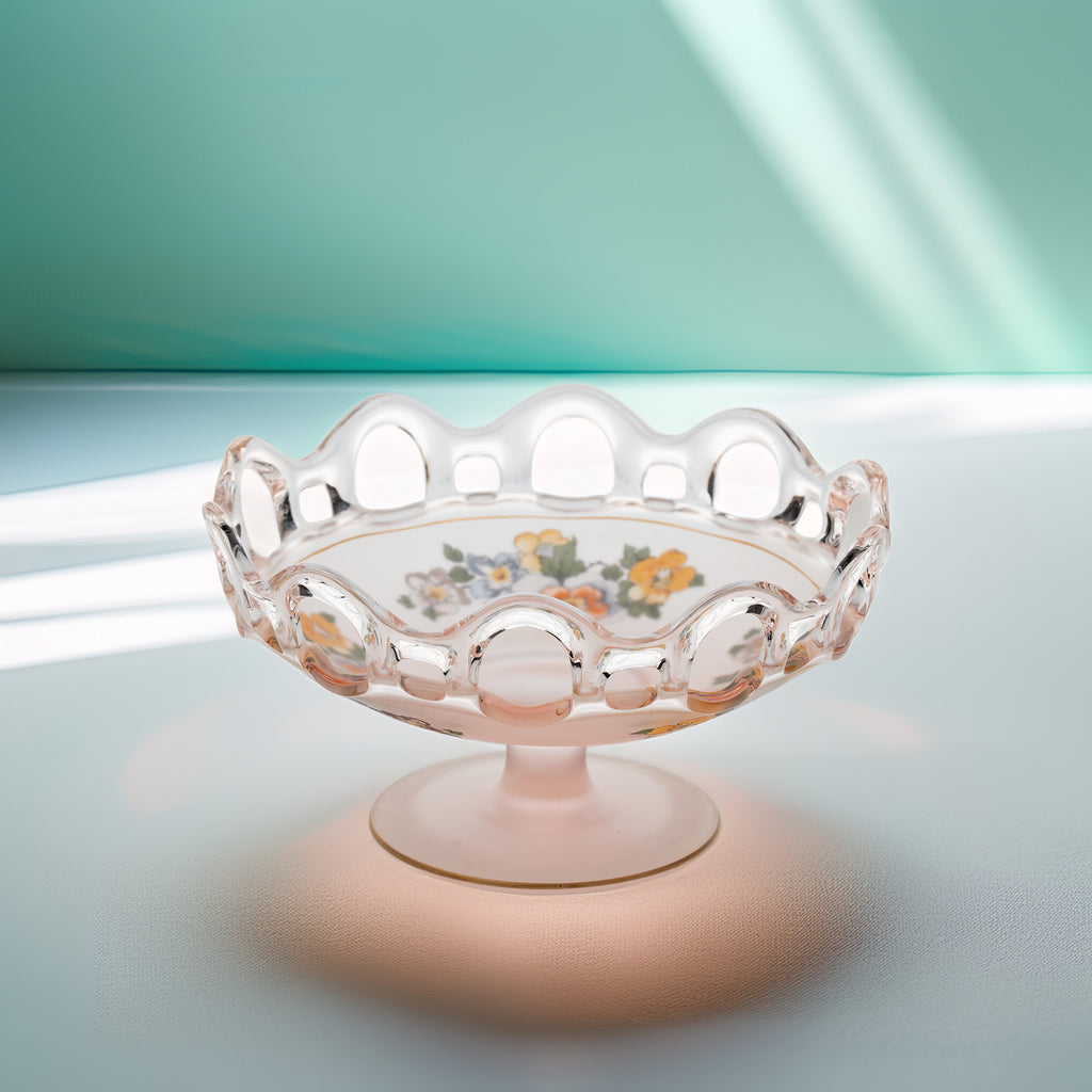 Lancaster Glass Open Work Pink Satin Pedestal Bowl - Scalloped Loop Rim