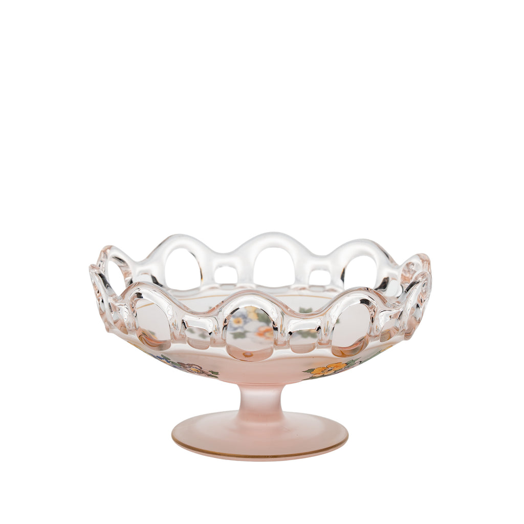 Lancaster Glass Open Work Pink Satin Pedestal Bowl - Scalloped Loop Rim