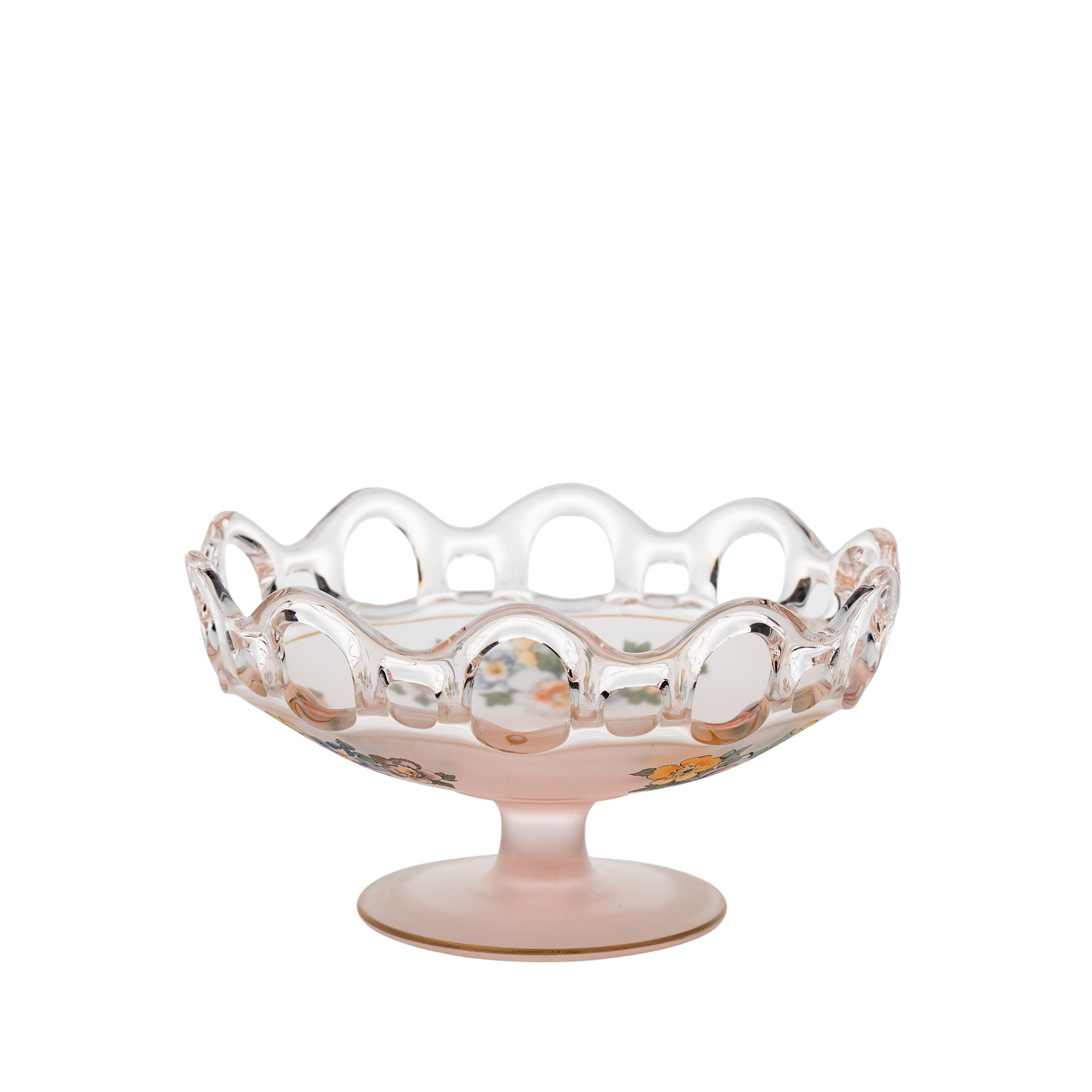 Lancaster Glass Open Work Pink Satin Pedestal Bowl - Scalloped Loop Rim