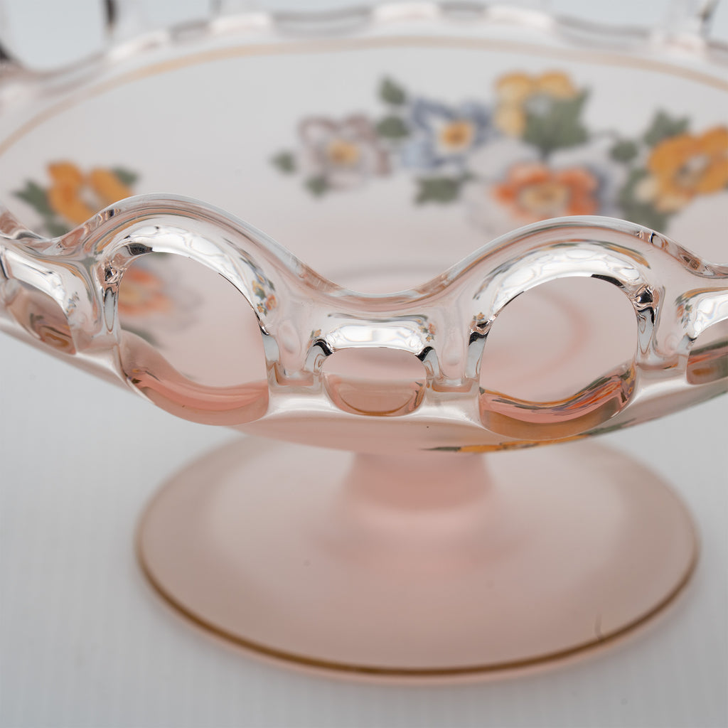 Lancaster Glass Open Work Pink Satin Pedestal Bowl - Scalloped Loop Rim