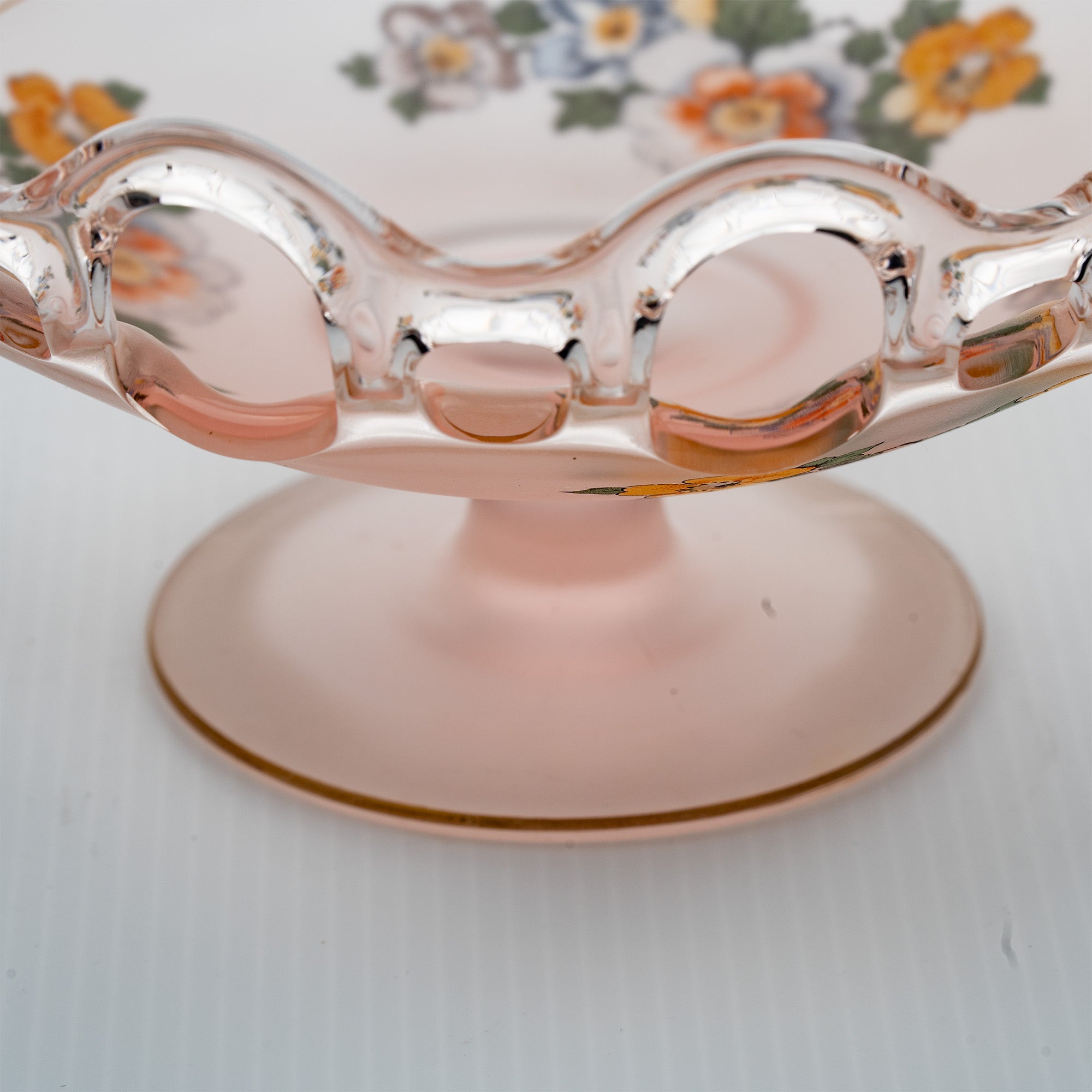Lancaster Glass Open Work Pink Satin Pedestal Bowl - Scalloped Loop Rim