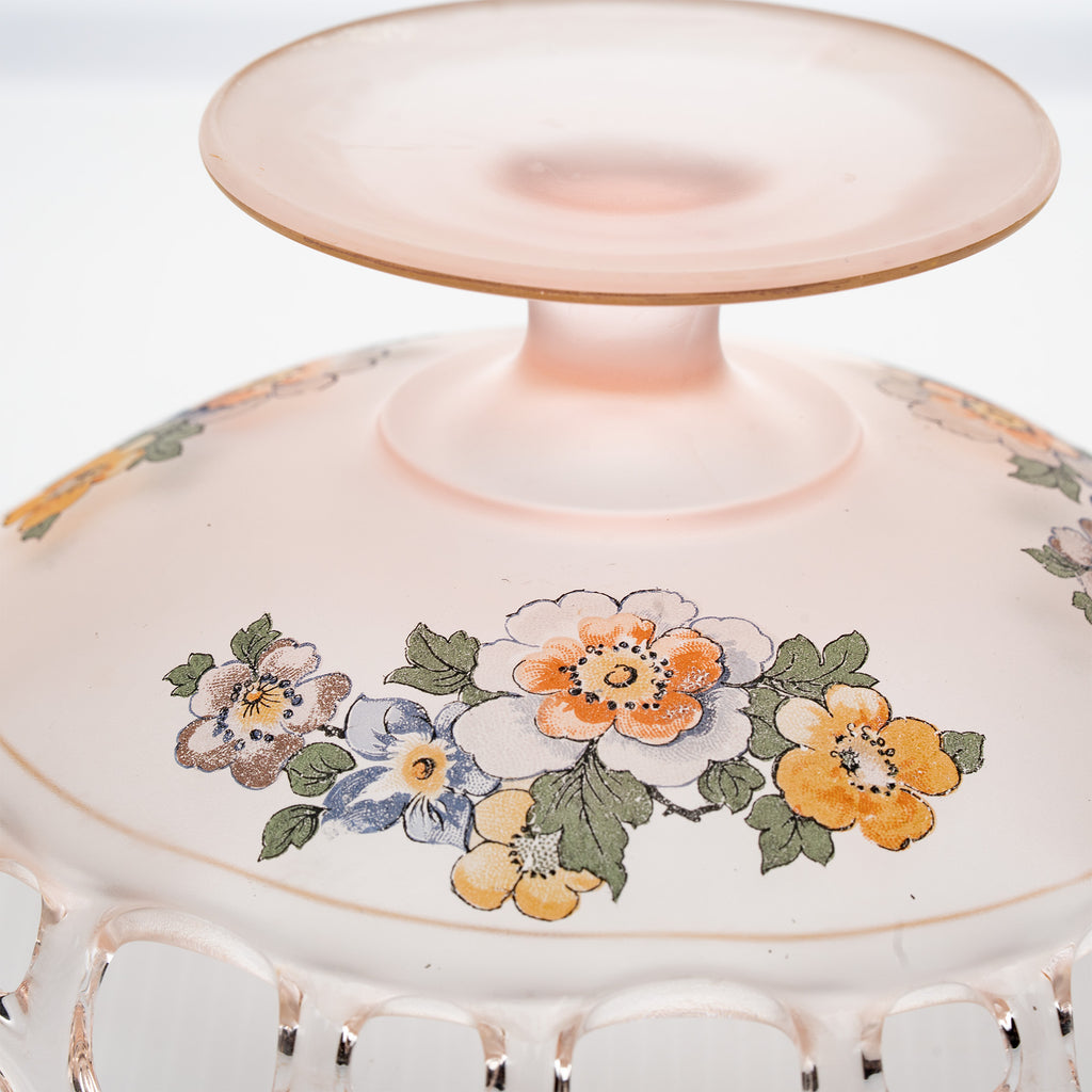 Lancaster Glass Open Work Pink Satin Pedestal Bowl - Scalloped Loop Rim
