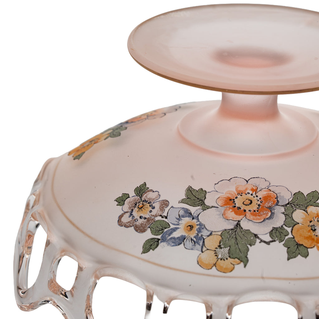Lancaster Glass Open Work Pink Satin Pedestal Bowl - Scalloped Loop Rim