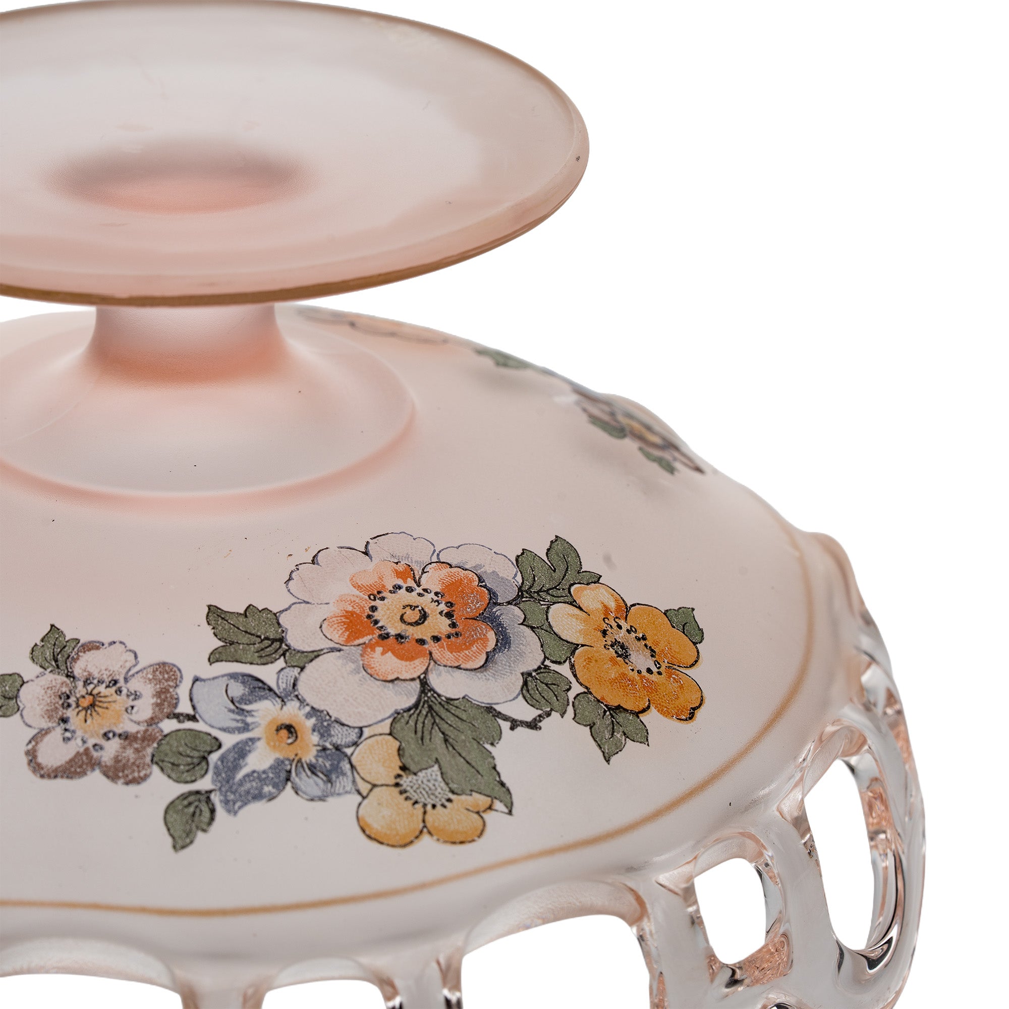 Lancaster Glass Open Work Pink Satin Pedestal Bowl - Scalloped Loop Rim