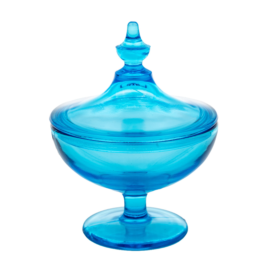 Blue Glass Covered Compote - Turquoise Pedestal Candy Dish
