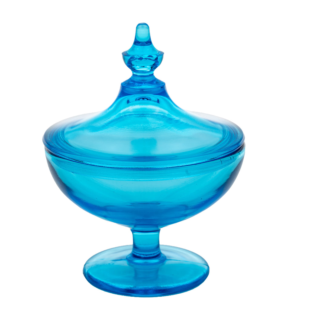 Blue Glass Covered Compote - Turquoise Pedestal Candy Dish