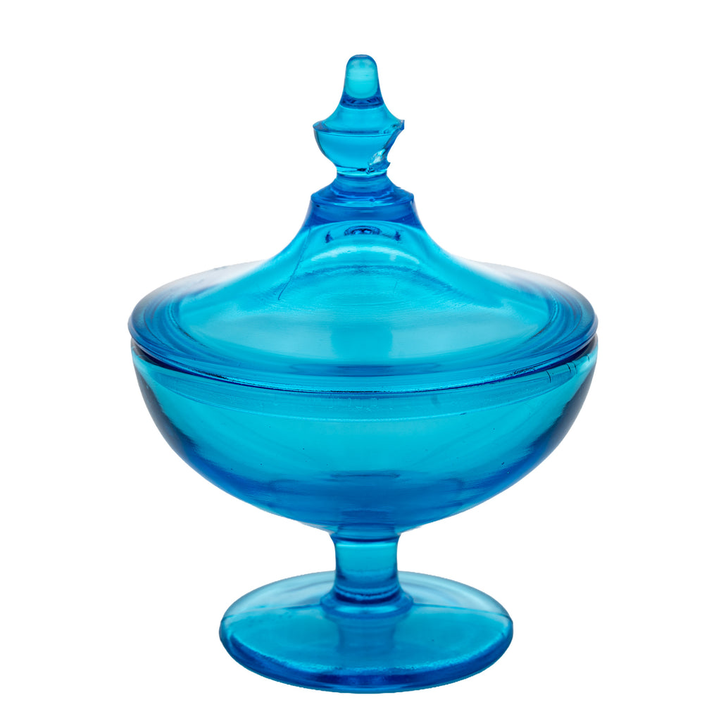 Blue Glass Covered Compote - Turquoise Pedestal Candy Dish