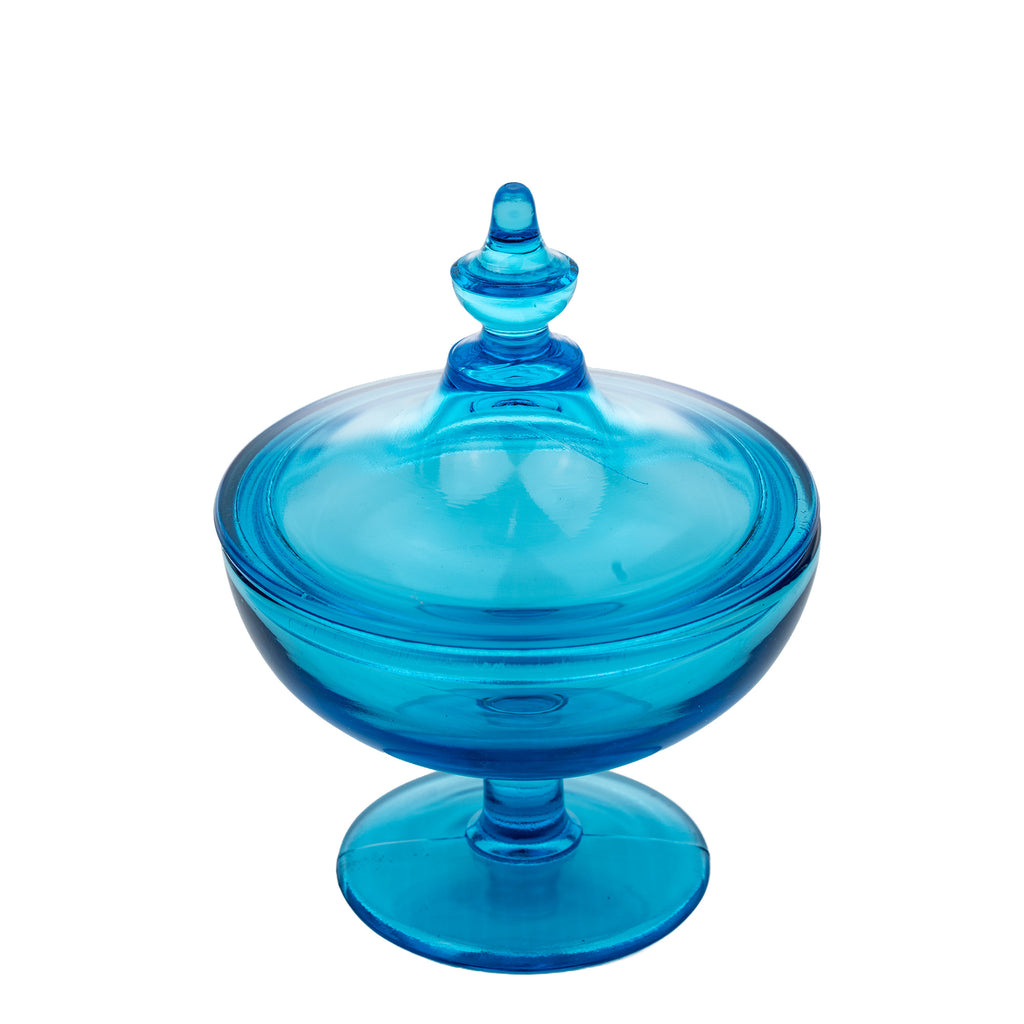 Blue Glass Covered Compote - Turquoise Pedestal Candy Dish