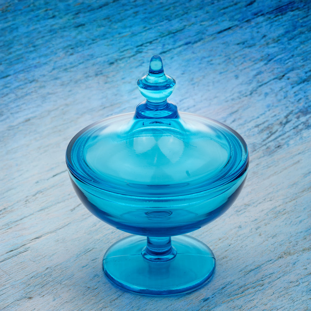 Blue Glass Covered Compote - Turquoise Pedestal Candy Dish