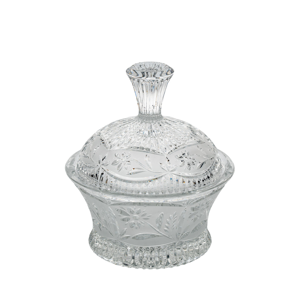 Floral Frost Cut Crystal Lidded Candy Dish - Faceted Finial