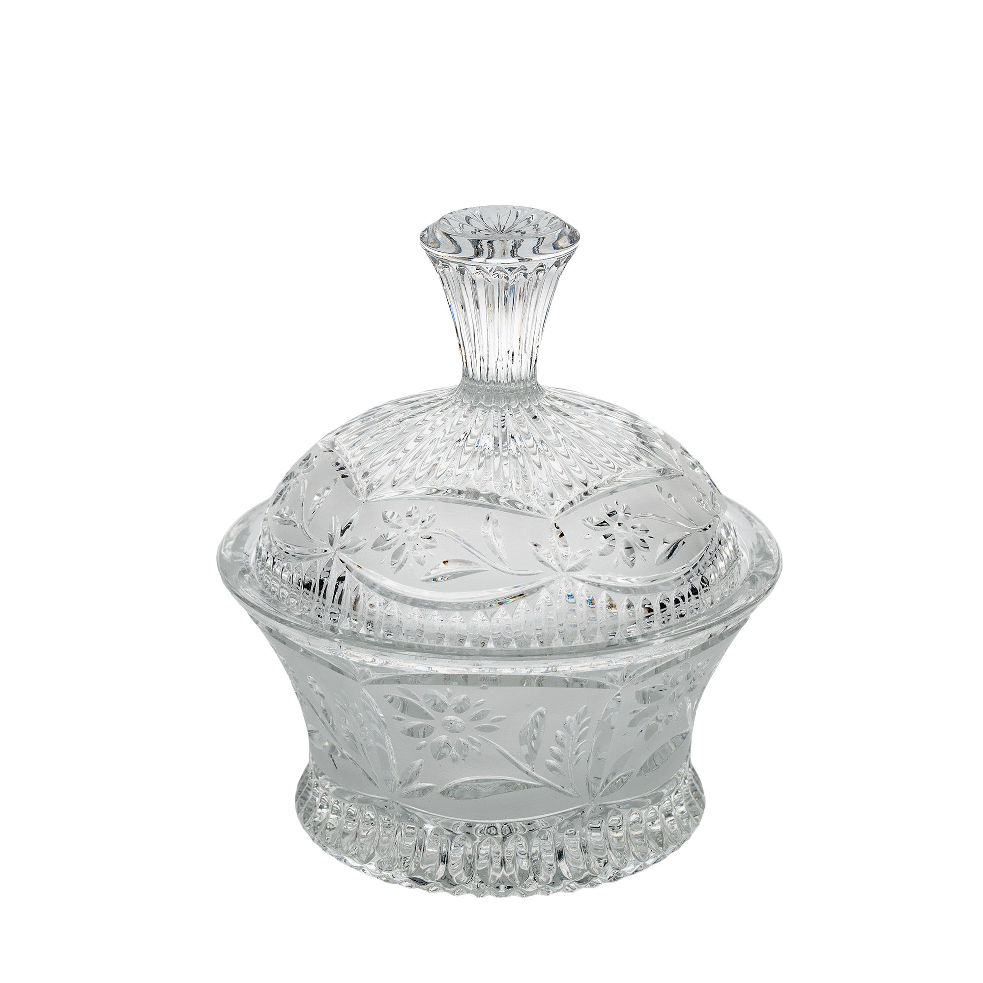 Floral Frost Cut Crystal Lidded Candy Dish - Faceted Finial