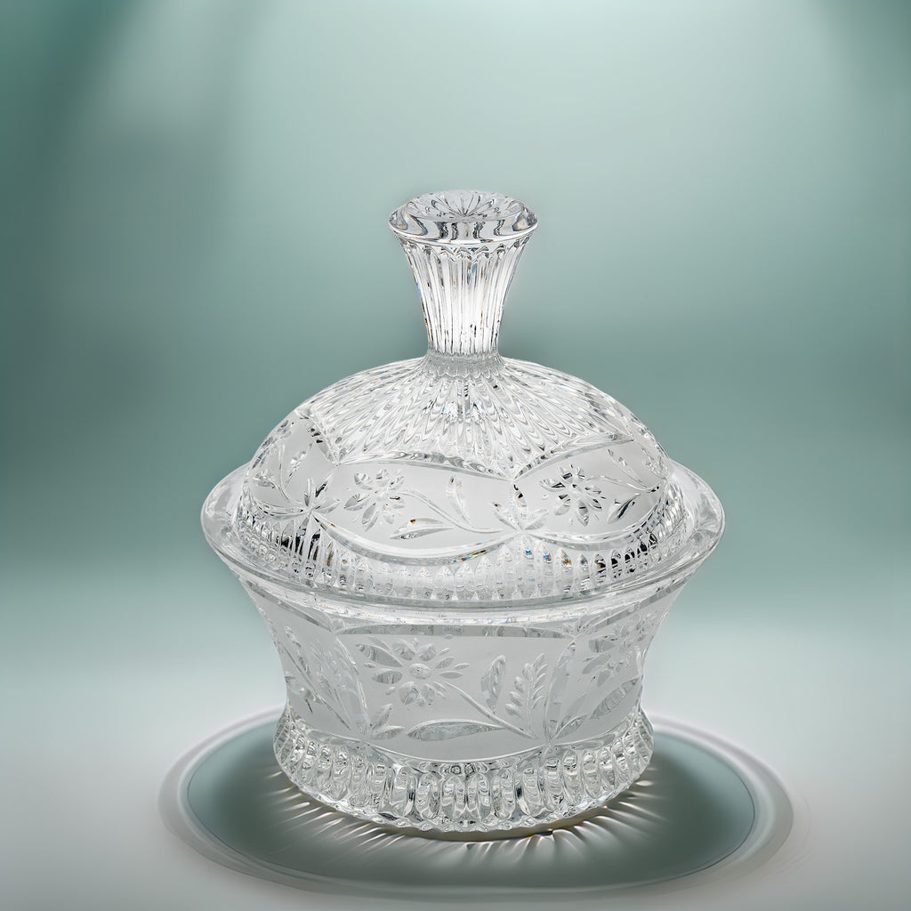 Floral Frost Cut Crystal Lidded Candy Dish - Faceted Finial