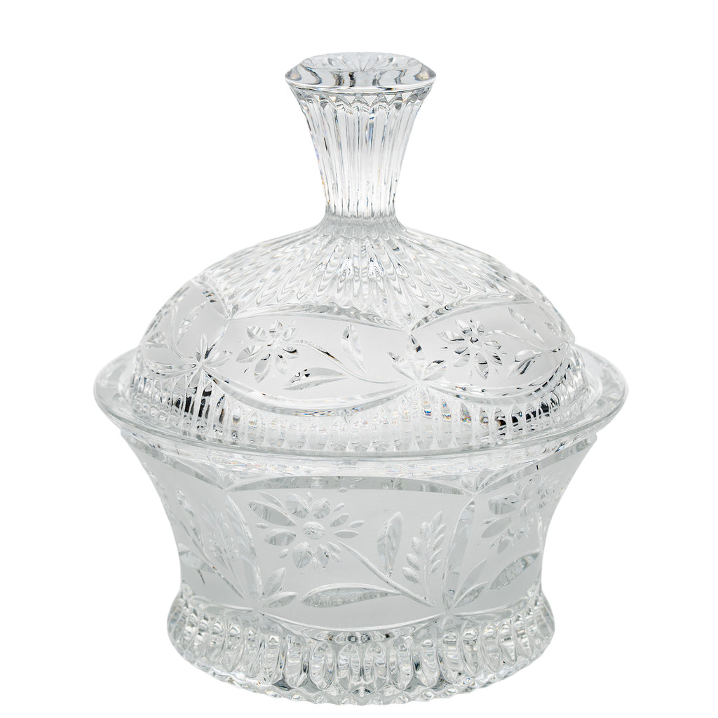 Floral Frost Cut Crystal Lidded Candy Dish - Faceted Finial