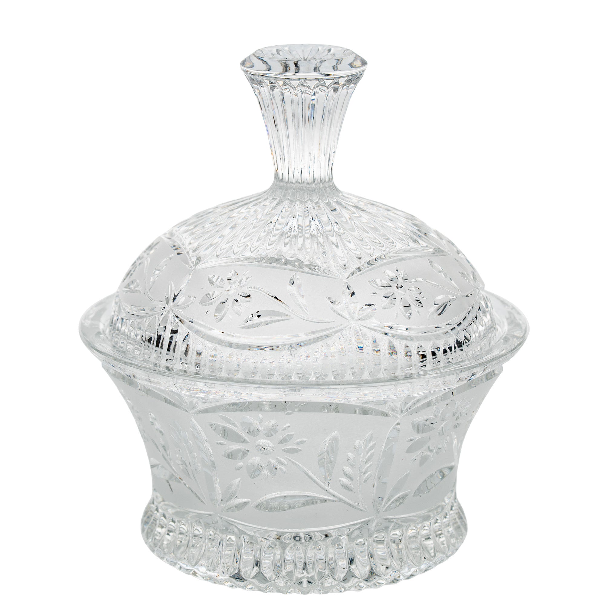 Floral Frost Cut Crystal Lidded Candy Dish - Faceted Finial