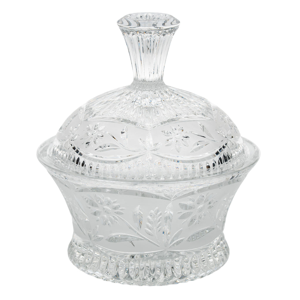 Floral Frost Cut Crystal Lidded Candy Dish - Faceted Finial