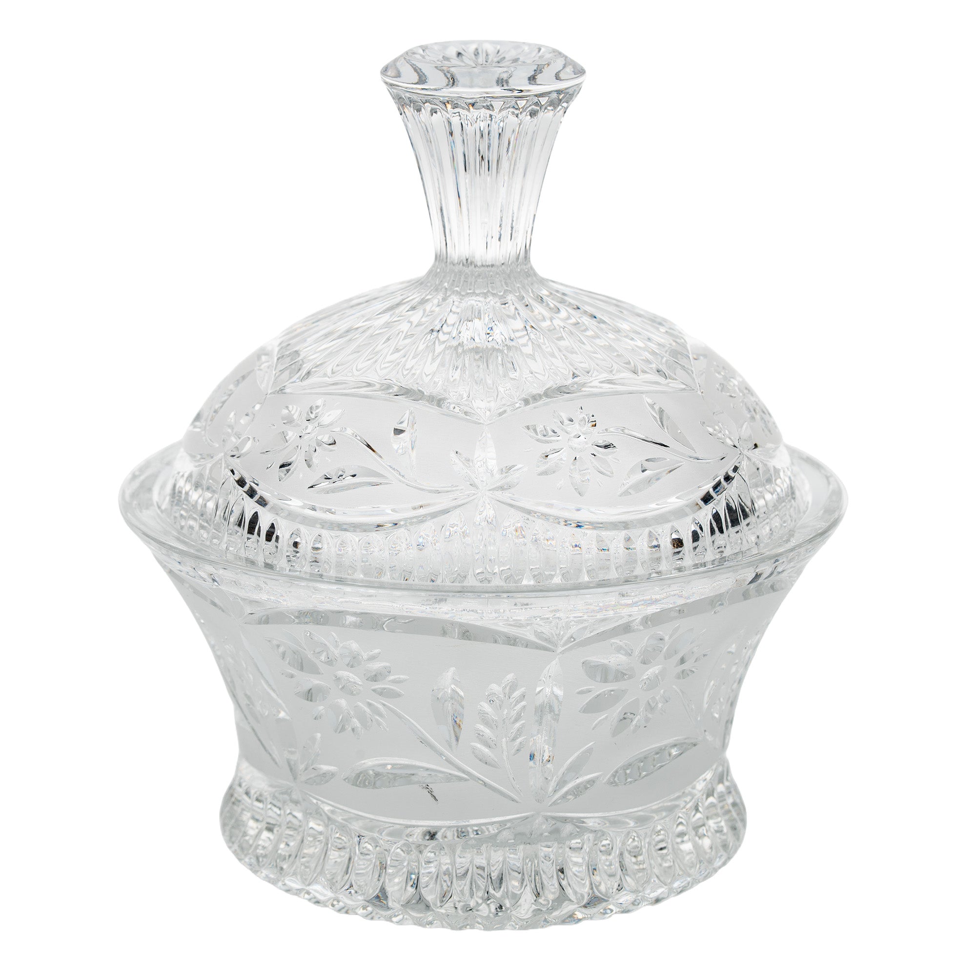 Floral Frost Cut Crystal Lidded Candy Dish - Faceted Finial