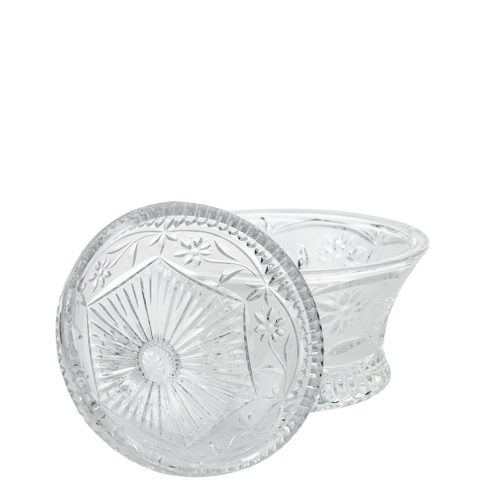 Floral Frost Cut Crystal Lidded Candy Dish - Faceted Finial