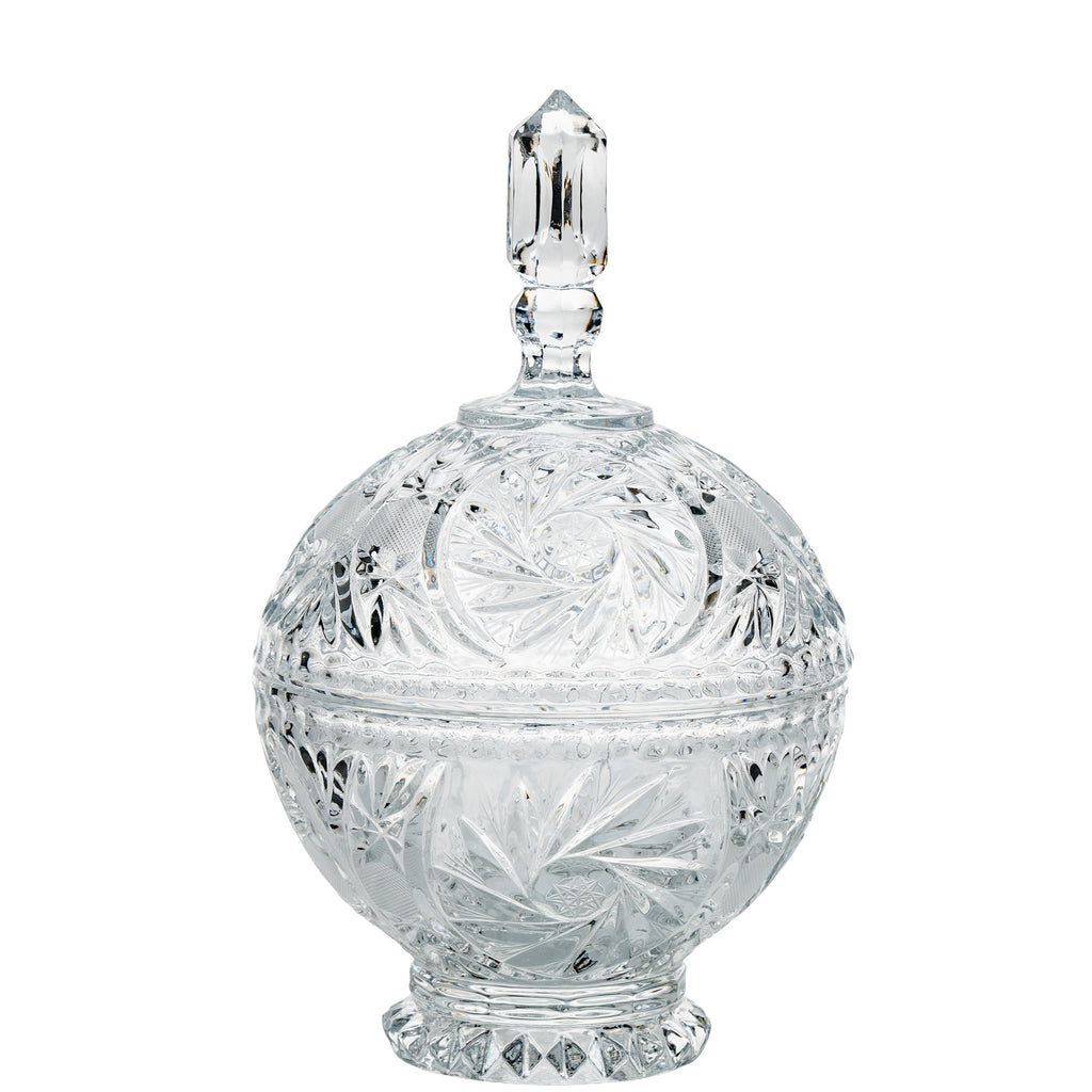Polonia Cut Crystal Candy Jar - Faceted Finial & Starburst Cut