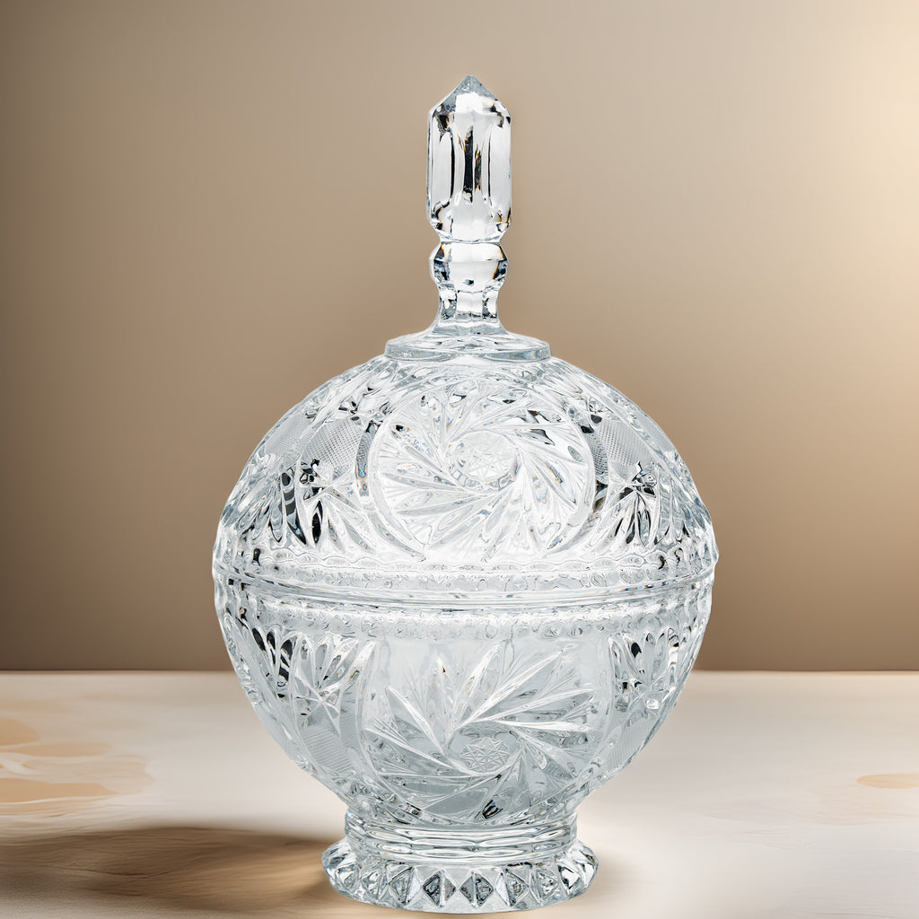 Polonia Cut Crystal Candy Jar - Faceted Finial & Starburst Cut