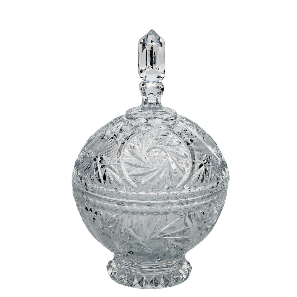 Polonia Cut Crystal Candy Jar - Faceted Finial & Starburst Cut