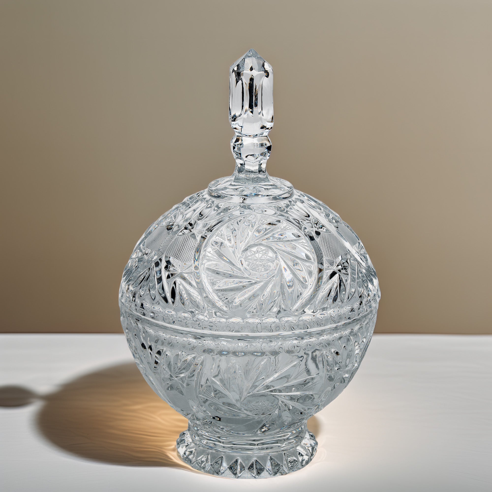 Polonia Cut Crystal Candy Jar - Faceted Finial & Starburst Cut