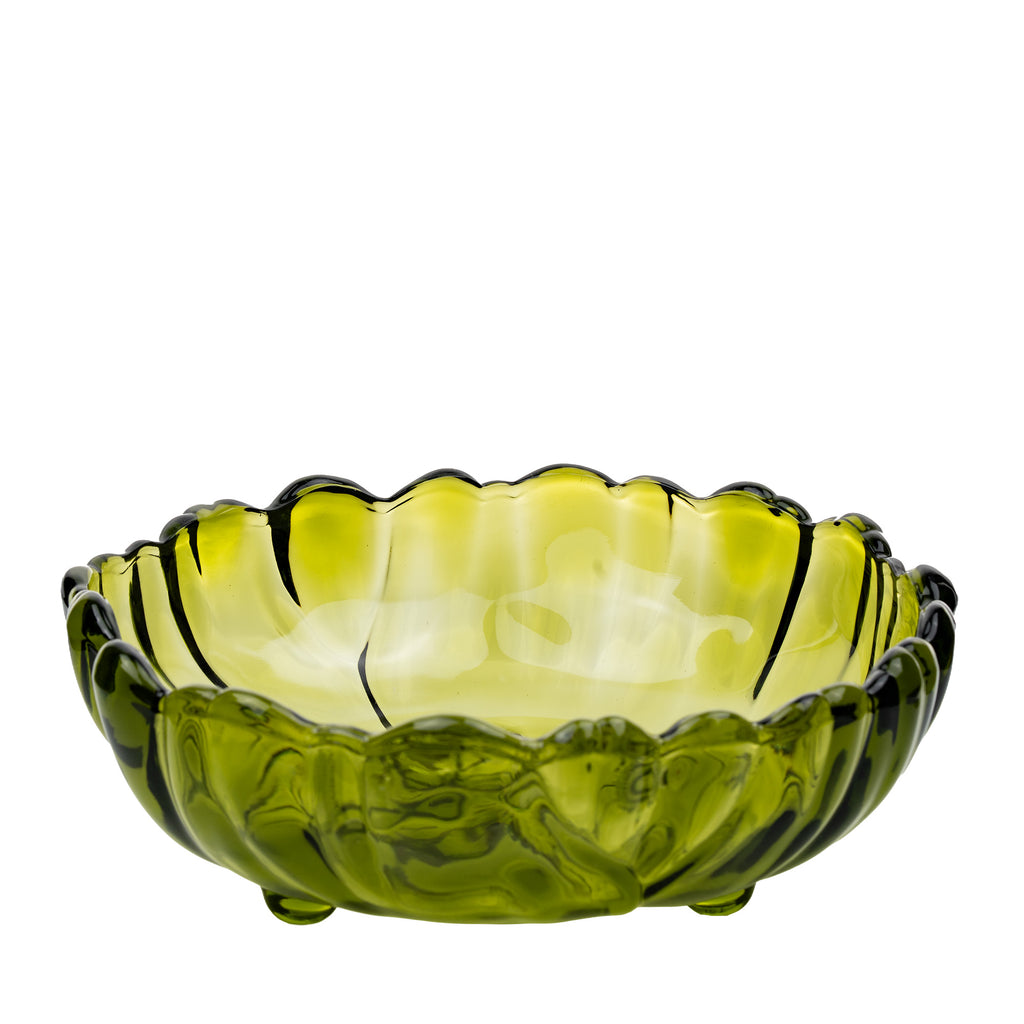Indiana Glass Sunflower Footed Bowl - Olive Green Scalloped Rim