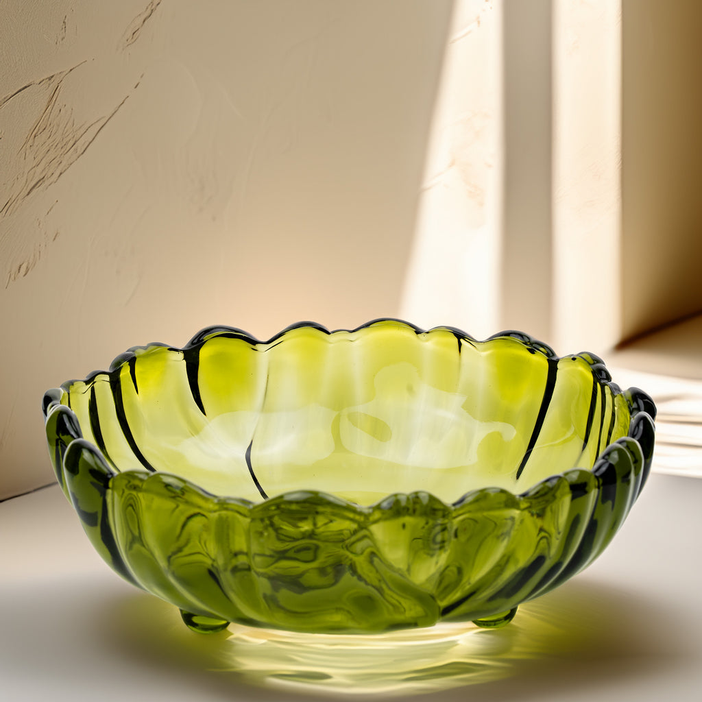 Indiana Glass Sunflower Footed Bowl - Olive Green Scalloped Rim