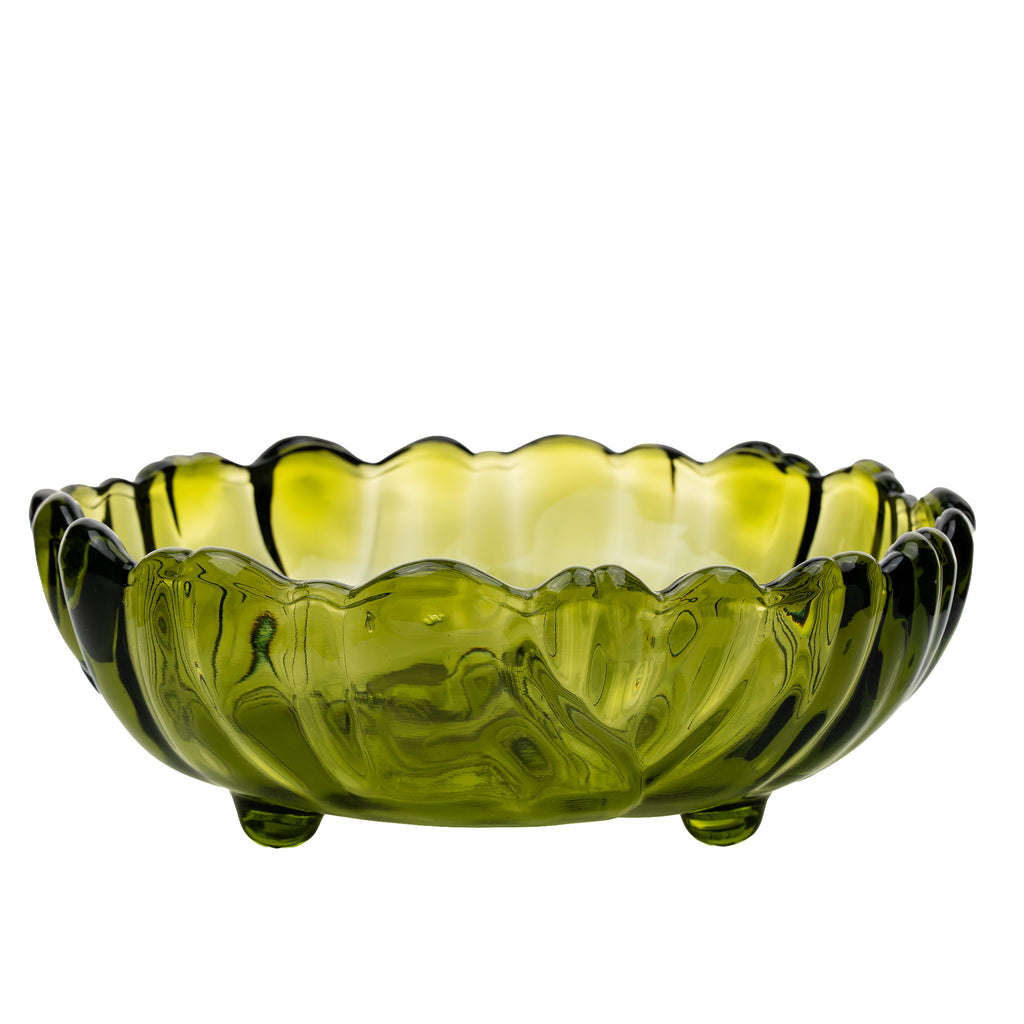 Indiana Glass Sunflower Footed Bowl - Olive Green Scalloped Rim