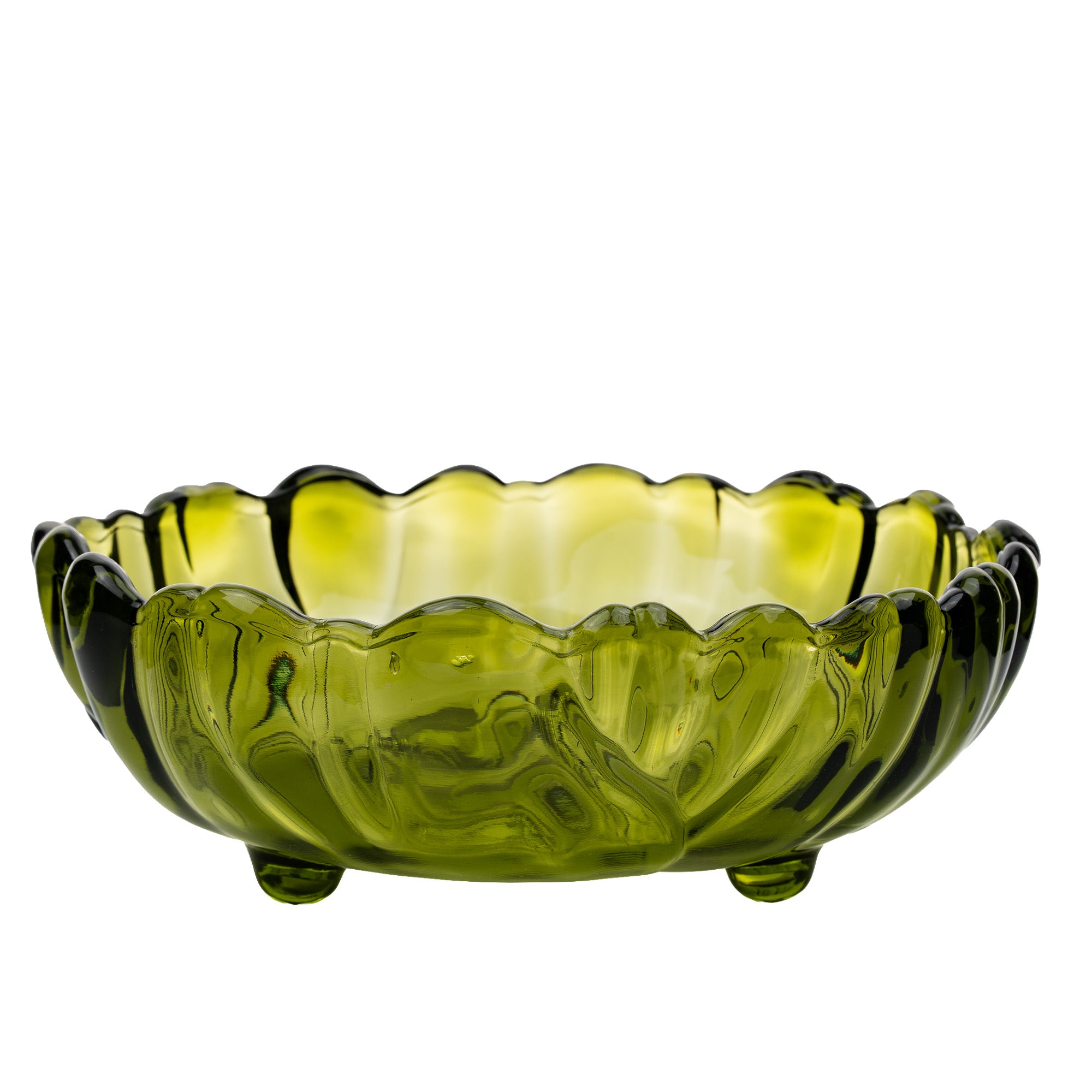 Indiana Glass Sunflower Footed Bowl - Olive Green Scalloped Rim