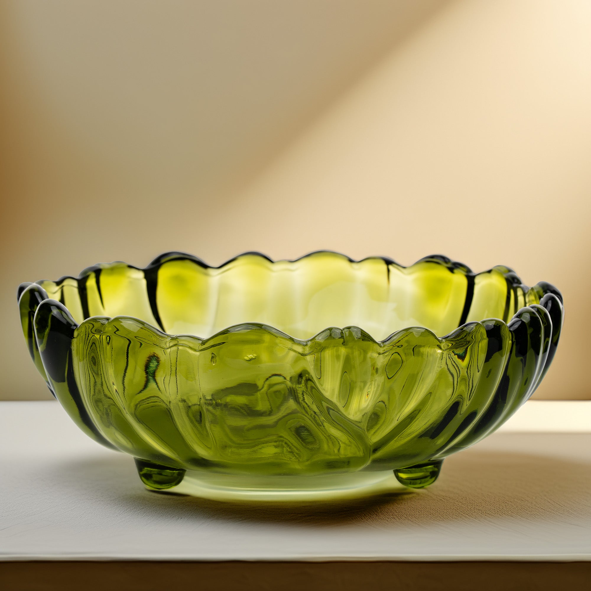 Indiana Glass Sunflower Footed Bowl - Olive Green Scalloped Rim